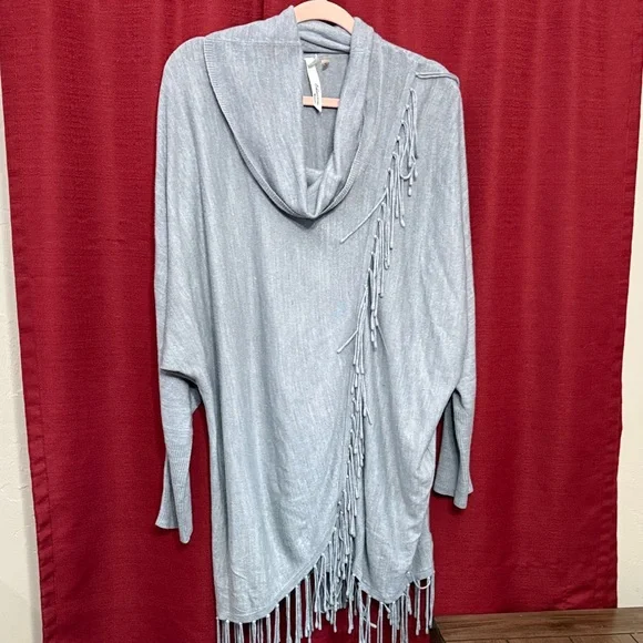 NY Collection Light Gray Cowl Neck Sweater with Fringe - Picture 1 of 4
